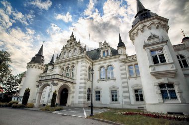 Wroclaw, Polonya - 16 Haziran 2019: Saurma-Jeltsch ailesinin Neoklasik Sarayı (1886 yılında inşa edildi). Şu anda Polonya 'nın Wroclaw kenti yakınlarında bulunan Jelcz-Laskowice' deki kasaba ve komün bürosunun merkezi konumundadır..