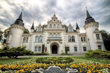 Wroclaw, Polonya - 16 Haziran 2019: Saurma-Jeltsch ailesinin Neoklasik Sarayı (1886 yılında inşa edildi). Şu anda Polonya 'nın Wroclaw kenti yakınlarında bulunan Jelcz-Laskowice' deki kasaba ve komün bürosunun merkezi konumundadır..