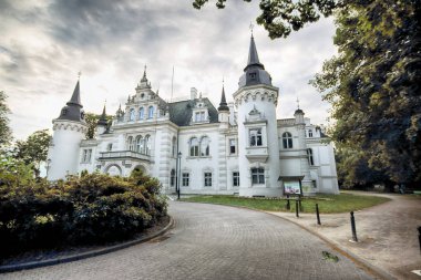 Wroclaw, Polonya - 16 Haziran 2019: Saurma-Jeltsch ailesinin Neoklasik Sarayı (1886 yılında inşa edildi). Şu anda Polonya 'nın Wroclaw kenti yakınlarında bulunan Jelcz-Laskowice' deki kasaba ve komün bürosunun merkezi konumundadır..