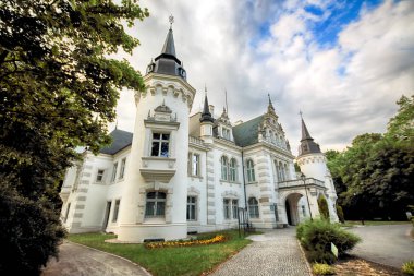 Wroclaw, Polonya - 16 Haziran 2019: Saurma-Jeltsch ailesinin Neoklasik Sarayı (1886 yılında inşa edildi). Şu anda Polonya 'nın Wroclaw kenti yakınlarında bulunan Jelcz-Laskowice' deki kasaba ve komün bürosunun merkezi konumundadır..