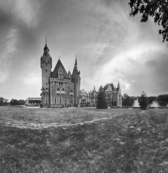 WROCLAW, POLAND - JUNE 15, 2019: Castle in Moszna near Opole, Poland. One of the most beautiful historic residences in Poland. The palace has 365 rooms and 99 towers and turrets.