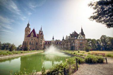 Wroclaw, Polonya - 15 Haziran 2019: Opole, Polonya yakınlarındaki Moszna Kalesi. Polonya 'nın en güzel tarihi konutlarından biri. Sarayda 365 oda, 99 kule ve kule var..