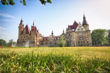 Wroclaw, Polonya - 15 Haziran 2019: Opole, Polonya yakınlarındaki Moszna Kalesi. Polonya 'nın en güzel tarihi konutlarından biri. Sarayda 365 oda, 99 kule ve kule var..