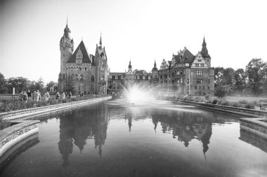 Wroclaw, Polonya - 15 Haziran 2019: Opole, Polonya yakınlarındaki Moszna Kalesi. Polonya 'nın en güzel tarihi konutlarından biri. Sarayda 365 oda, 99 kule ve kule var..