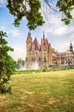 Wroclaw, Polonya - 15 Haziran 2019: Opole, Polonya yakınlarındaki Moszna Kalesi. Polonya 'nın en güzel tarihi konutlarından biri. Sarayda 365 oda, 99 kule ve kule var..