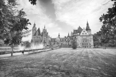 Wroclaw, Polonya - 15 Haziran 2019: Opole, Polonya yakınlarındaki Moszna Kalesi. Polonya 'nın en güzel tarihi konutlarından biri. Sarayda 365 oda, 99 kule ve kule var..