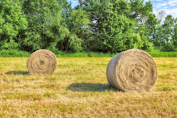 Stubble Mező Szalma Bálák Felhős Alatt Krobielowice Közelében Wroclaw Lengyelország — Stock Fotó