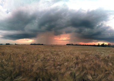 Wroclaw yakınlarındaki Biskupice Podgorne, baharın son gününde, alanlar üzerinde güzel günbatımı ve fırtına bulutları, Polonya.