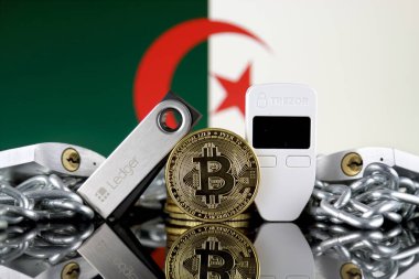 Wroclaw, Polonya - 06 Temmuz 2019: Bitcoin (Btc), Trezor ve Ledger (cryptocurrency donanım cüzdanları), asma kilitler, zincir (Blockchain Teknolojisi gibi) ve Cezayir Bayrağı'nın fiziksel sürümü.