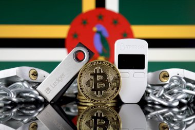 Wroclaw, Polonya - 06 Temmuz 2019: Bitcoin (Btc), Trezor ve Ledger (cryptocurrency donanım cüzdanları), asma kilitler, zincir (Blockchain Teknolojisi gibi) ve Dominika Bayrağı'nın fiziksel sürümü.