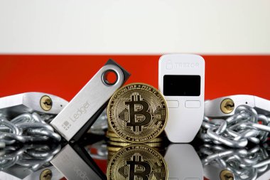Wroclaw, Polonya - 06 Temmuz 2019: Bitcoin (Btc), Trezor ve Ledger (cryptocurrency donanım cüzdanları), asma kilitler, zincir (Blockchain Technology gibi) ve Polonya Bayrağı'nın fiziksel sürümü.