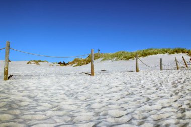 Leba, Polonya - 25 Temmuz 2019: Slowinski Milli Parkı Baltık Denizi kıyısında, Polonya'nın Leba kenti yakınlarında yer almaktadır. Avrupa'nın en büyük hareketli kum tepeleri ile çöl manzara. Berrak gökyüzü ile sıcak bir gün.