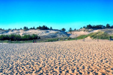 Leba, Polonya - 25 Temmuz 2019: Slowinski Milli Parkı Baltık Denizi kıyısında, Polonya'nın Leba kenti yakınlarında yer almaktadır. Avrupa'nın en büyük hareketli kum tepeleri ile çöl manzara. Berrak gökyüzü ile sıcak bir gün.