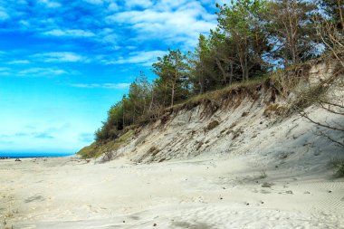 Leba, Polonya - 24 Temmuz 2019: Baltık Denizi kıyısında, Polonya'nın Leba kenti yakınlarındaki Slowinski Ulusal Parkı. Leba ve Hareketli Tepeler arasındaki yürüyüş parkurunda güzel kumlu plajlar ve sahil manzarası.