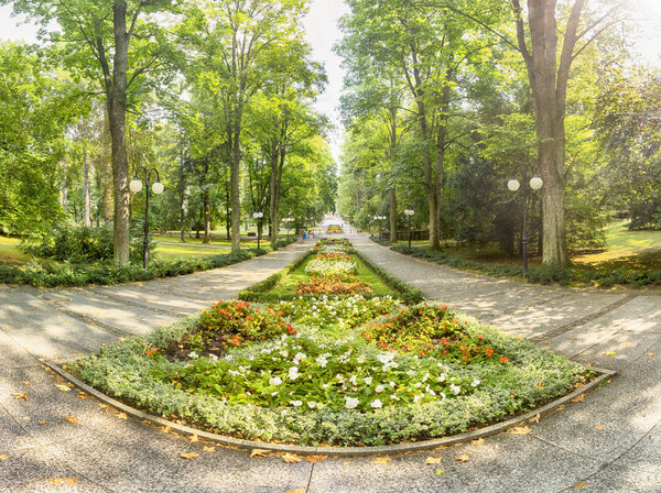 POLANICA ZDROJ, POLAND - AUGUST 26, 2019: The spa park in the center of Polanica Zdroj, Lower Silesia, south-western Poland.