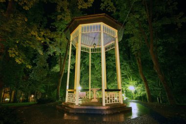 Polanica Zdroj, Polonya - 26 Ağustos 2019: Polanica Zdroj'un merkezindeki spa parkı, Aşağı Silezya, Güneybatı Polonya. Gece görünümü.