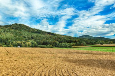 Polonya, Wroclaw yakınlarındaki Slezanski Peyzaj Parkı. Eylül 'ün son günlerinde dağlarda güneşli bir gün.