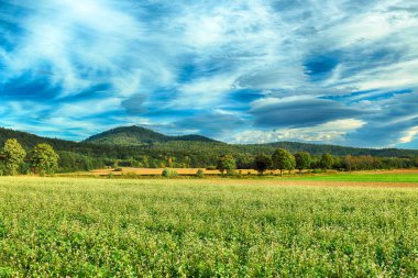 Polonya, Wroclaw yakınlarındaki Slezanski Peyzaj Parkı. Eylül 'ün son günlerinde dağlarda güneşli bir gün.