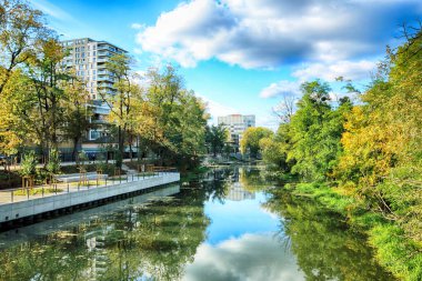 Wroclaw, Polonya - Ekim 06, 2019: Wroclaw, Polonya 'da Olawa Nehri. Güneşli bir günde güzel bir sonbahar manzarası. Şehirde vahşi, el değmemiş doğa..