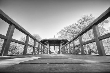 Wroclaw, Polonya - 18 Ekim 2019: Japon Bahçesi, Polonya 'nın Wroclaw kentinde bulunan Pergola ve Centennial Hall yakınlarında yer almaktadır. 1913 'teki Dünya Fuarı' ndan sonraki izleri temsil ediyor..