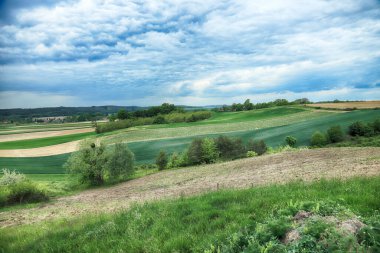 Güzel, yeşil tarlalar ve Mayıs sonunda bulutlu gökyüzü. Wroclaw, Polonya, Avrupa yakınlarındaki Trzebnica tepelerinden görüntü.