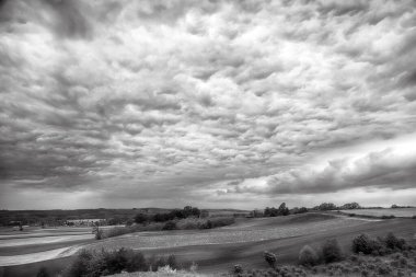 Mayısın sonunda güzel tarlalar ve bulutlu gökyüzü. Wroclaw, Polonya, Avrupa yakınlarındaki Trzebnica tepelerinden görüntü. Siyah beyaz fotoğraf..