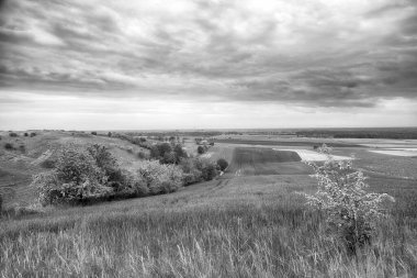Mayısın sonunda güzel tarlalar ve bulutlu gökyüzü. Wroclaw, Polonya, Avrupa yakınlarındaki Trzebnica tepelerinden görüntü. Siyah beyaz fotoğraf..