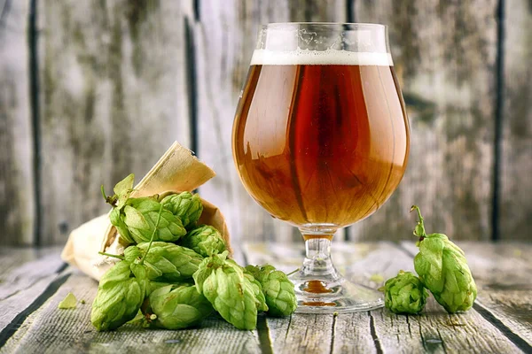 Glass of craft beer and fresh hop cones on a wooden background.