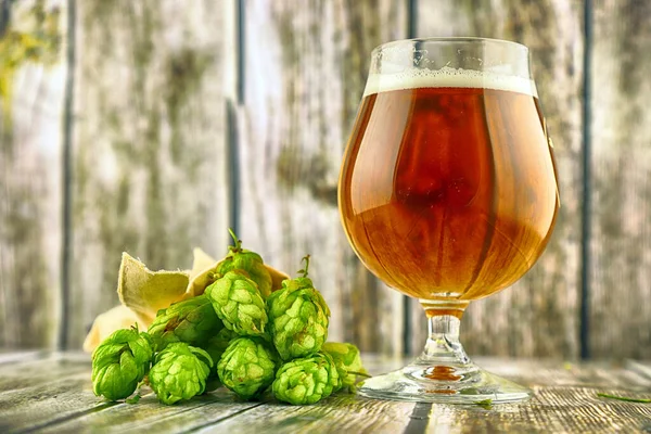 Glas Craft Beer Und Frische Hopfendolden Auf Holzgrund — Stockfoto