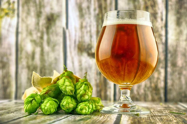 Glas Craft Beer Und Frische Hopfendolden Auf Holzgrund — Stockfoto