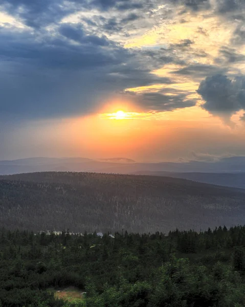 Západ Slunce Nad Krkonoších Pohled Vyhlídkové Paluby Pohoří Szrenica 1362 — Stock fotografie