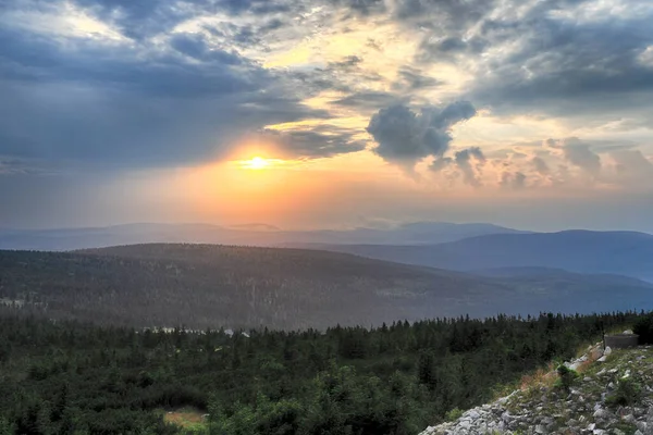 Západ Slunce Nad Krkonoších Pohled Vyhlídkové Paluby Pohoří Szrenica 1362 — Stock fotografie