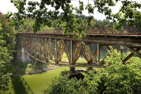 PILCHOWICE, POLAND - 12 AĞUSTOS 2020: Pilchowice Gölü üzerindeki demiryolu köprüsü, 