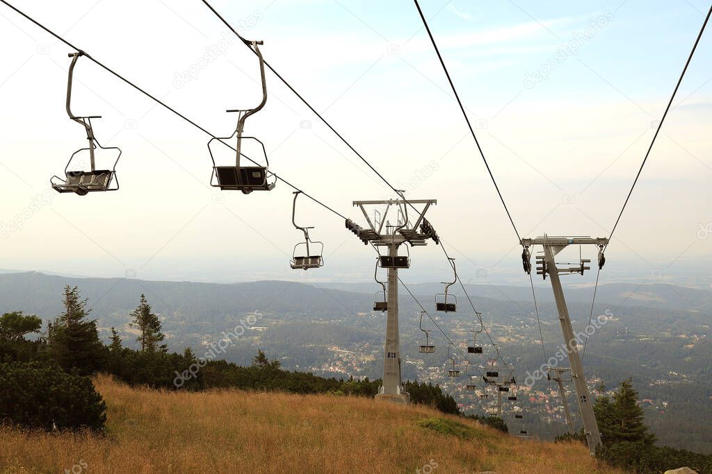Summer view to upper station of the chairlift to Szrenica mountain (1362 m above sea level), Giant Mountains, Poland, Europe.