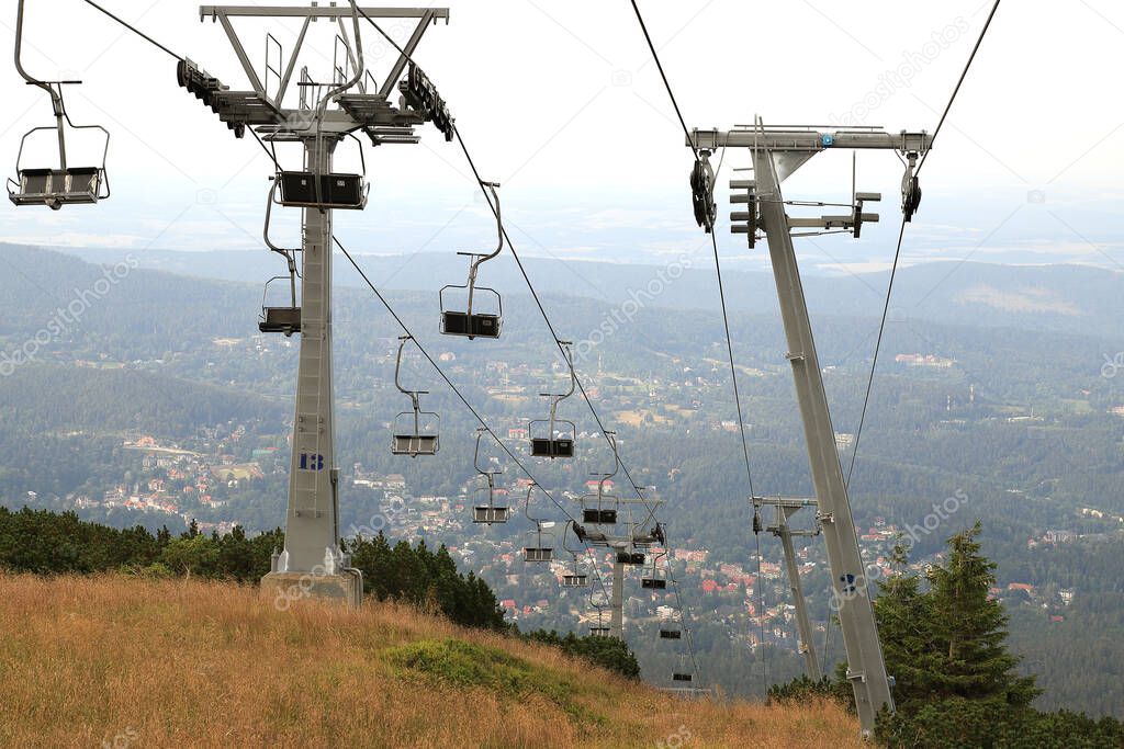 Summer view to upper station of the chairlift to Szrenica mountain (1362 m above sea level), Giant Mountains, Poland, Europe.