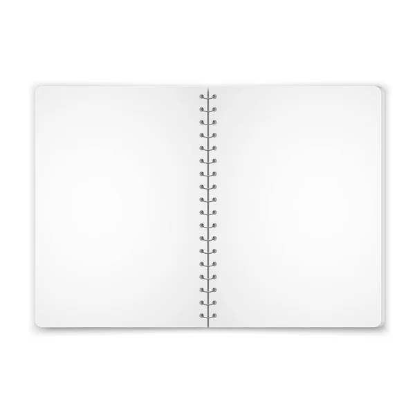 Mock up blank open notebook with metal spiral template isolated on white background. Realistic vector illustration. — Stock Vector