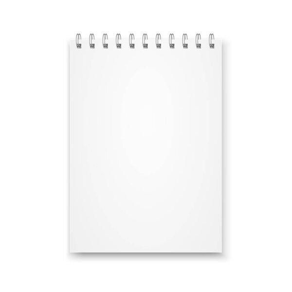 Mock up blank notebook with metal spiral template isolated on white background. Realistic vector illustration.