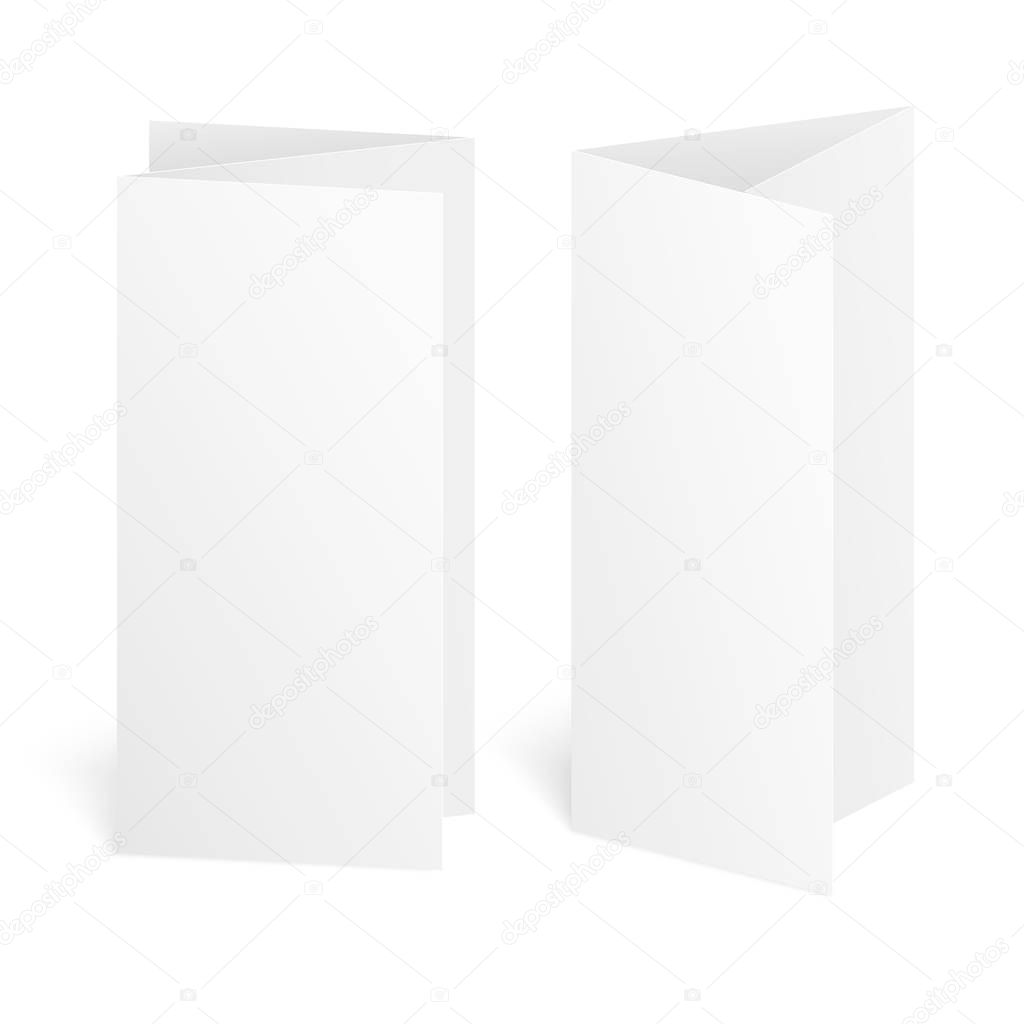 Blank three fold paper brochure on white background with soft shadows. Vector
