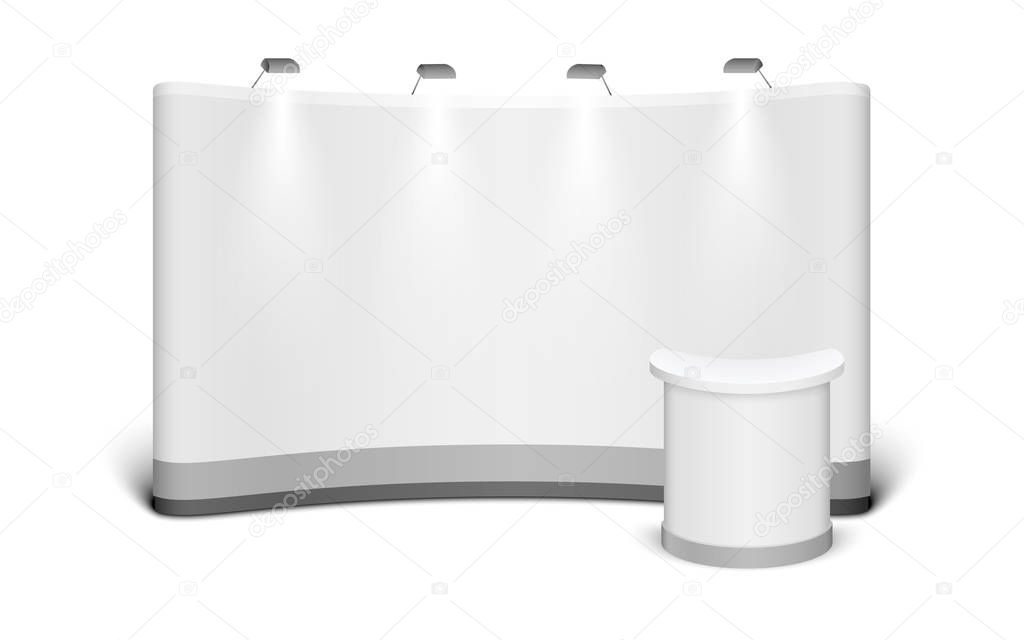 Trade Exhibition Stand mock up isolated on white background. White creative exhibition stand design for Presentation. Vector illustration EPS10