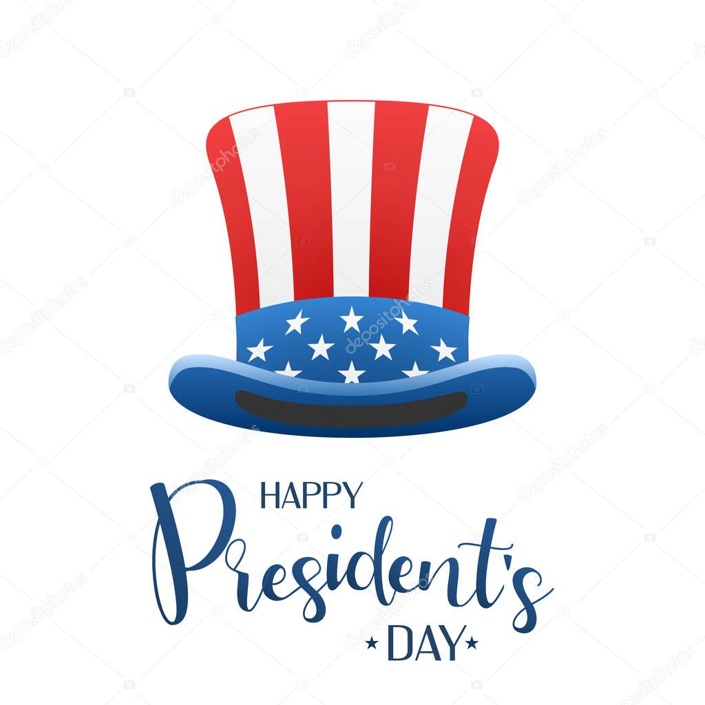Happy Presidents day design background with uncle Sam hat. Calligraphic lettering. Vector illustration. EPS10