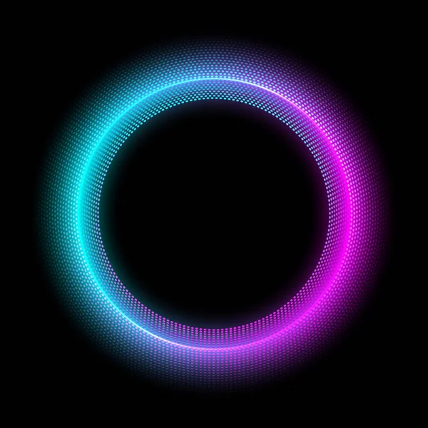 Neon kruh s tečkami světelný efekt na černém pozadí. Moderní Kulatý rám s prázdný prostor pro text pro reklamní banner, karta. Vektorové ilustrace. — Stockový vektor