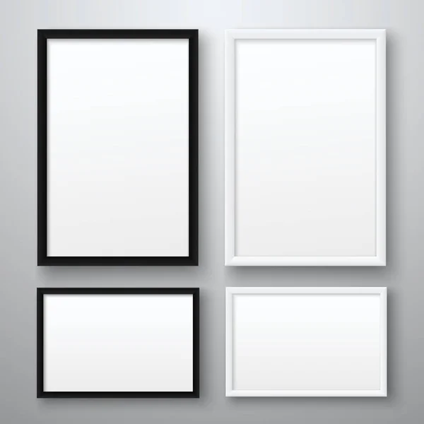 White and black realistic empty pictures frame on gray background. A4 vertical and horizontall blank picture frames for photographs. Vector illustration — Stock Vector