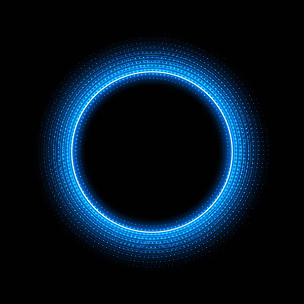 Neon-Kreis mit Punkteeffekt auf schwarzem Hintergrund. moderner runder Rahmen mit leeren Textflächen für Werbung, Banner, Karte. Vektorillustration. — Stockvektor