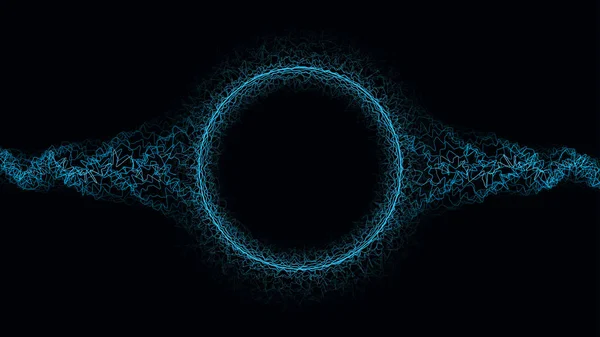 在黑色背景上隔离的蓝色霓虹灯颜色的矢量波点线。动态抽象流粒子. — 图库矢量图片