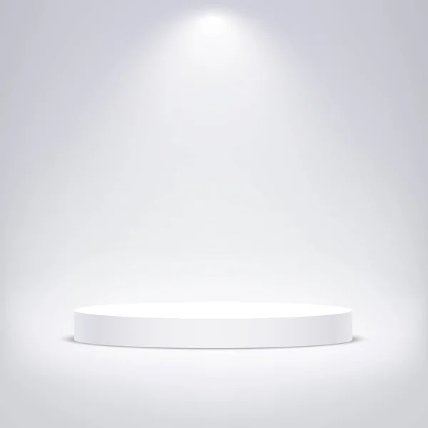 ライトで照らされたホワイトラウンドの表彰台。製品説明用ベクトル台座. — ストックベクタ