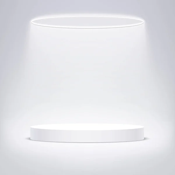 Podium rond blanc illuminé par un éclairage circulaire. Socle vectoriel pour la présentation des produits . — Image vectorielle