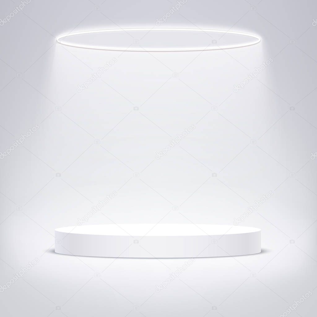 White round podium illuminated with circular lighting. Vector pedestal for product presentation.