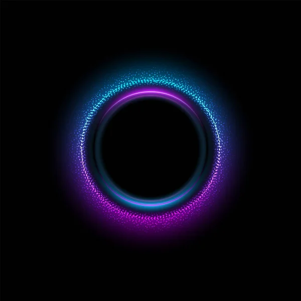 Astratto Neon Circles Banner. Luce 3d vuota con effetto brillante al neon. Telaio techno con incandescenza su sfondo nero. Illustrazione vettoriale. — Vettoriale Stock