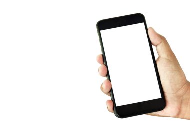 Beyaz ekranda izole edilmiş, akıllı telefonu tutan