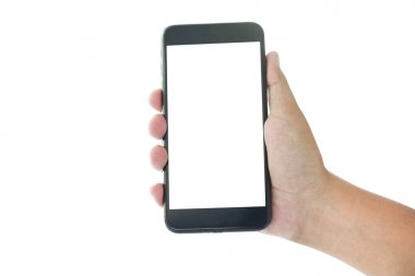 Beyaz ekranda izole edilmiş, akıllı telefonu tutan